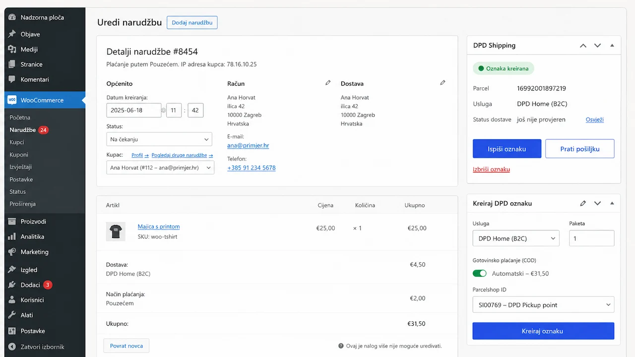 DPD panel unutar WooCommerce narudžbe: usluga, pouzeće i naljepnica