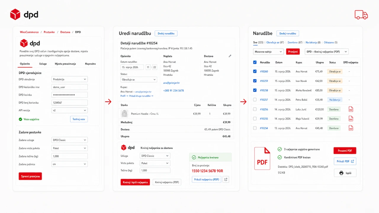 WooCommerce popis narudžbi s odabranom DPD bulk akcijom